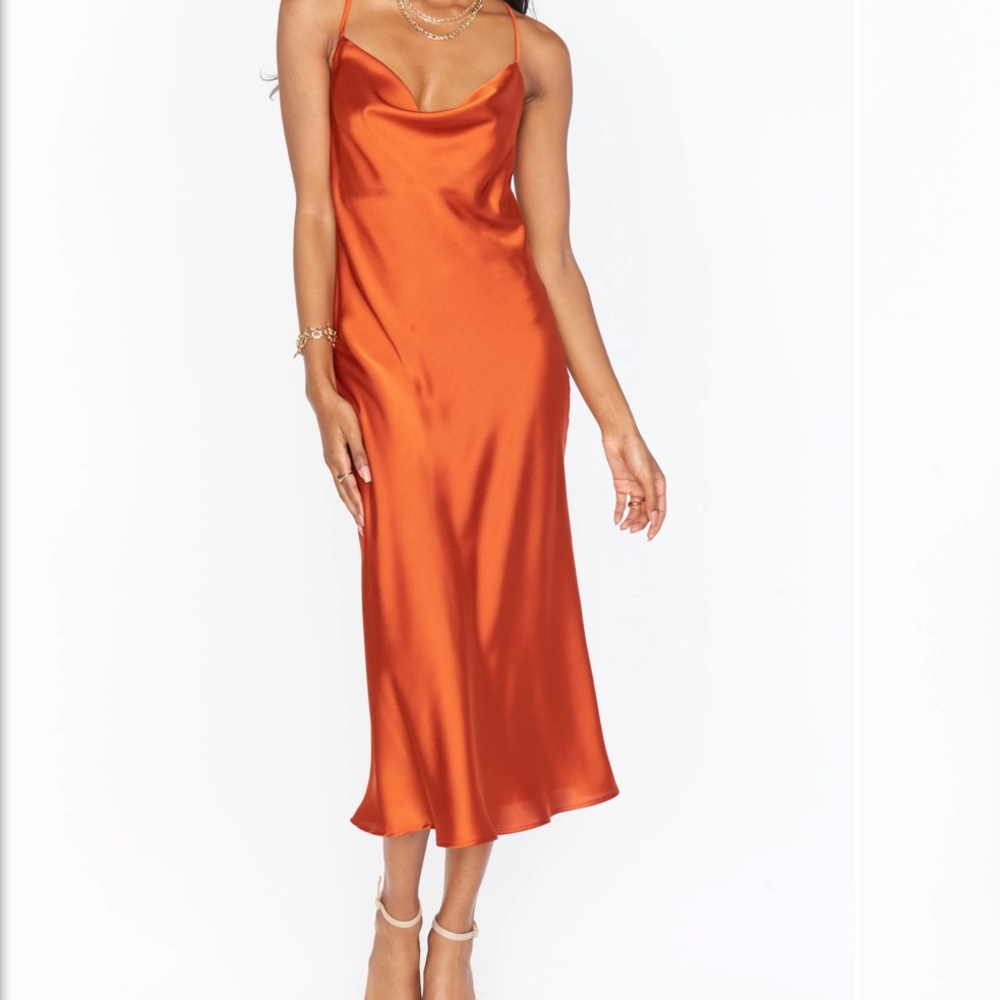 Show Me Your MuMu - Verona Cowl Dress - Color
Burnt Orange Luxe Satin - XS